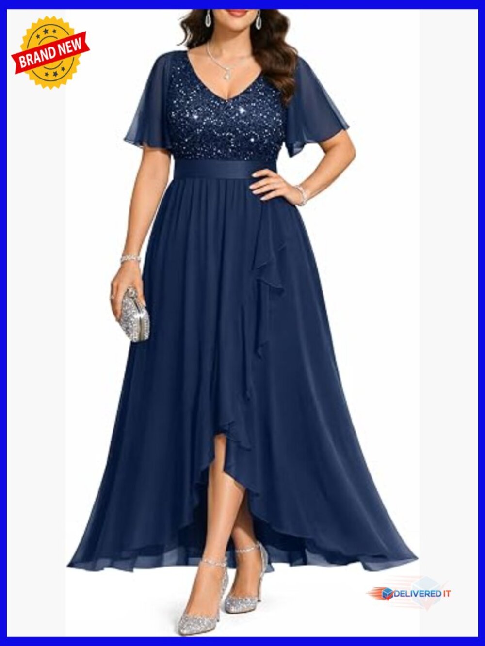 Plus Size Formal Sequin Chiffon Long Dress with Slit for Wedding Guest Cocktail